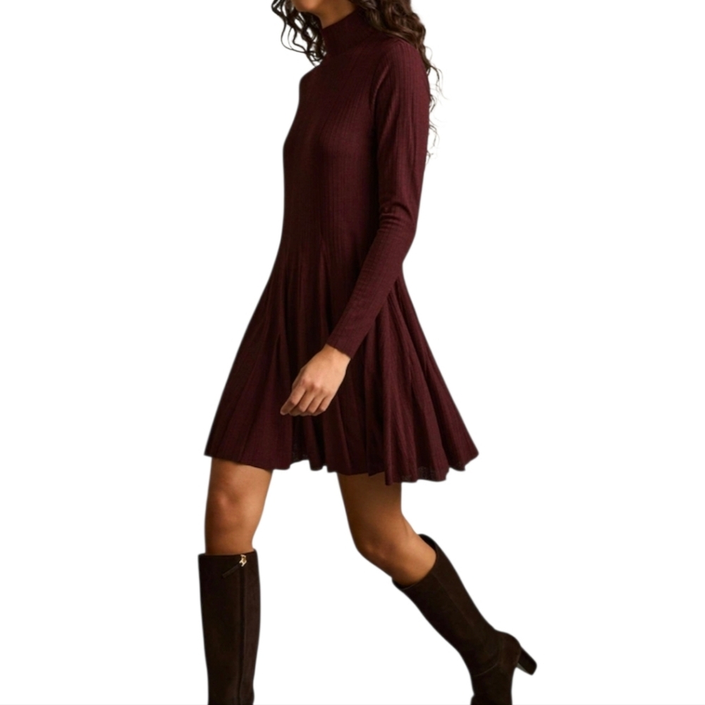 Reiss Savannah Jersey Ribbed Flared Mini Dress Burgundy Sz 10 - Picture 1 of 16
